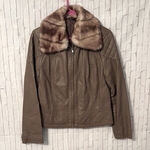 a.n.a Vintage Brown Leather Jacket with Removable Faux Fur Collar